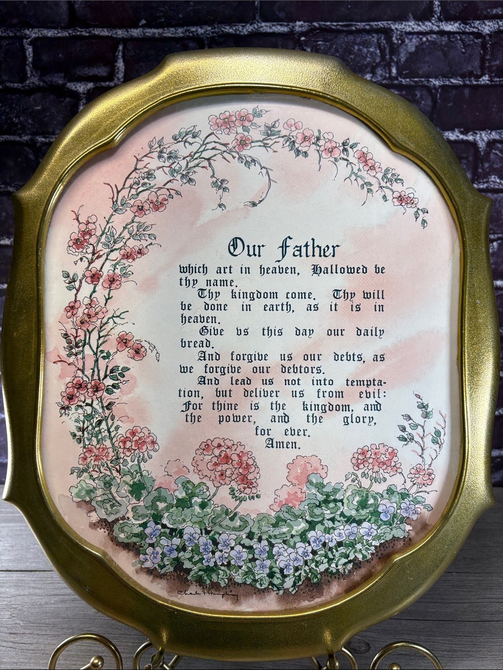 Vintage Oval Framed Wall Hanging "Our Father" Prayer Charlie F. Humphrey
